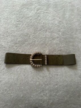 Elastic Olive Green Waist Belt with Wrapped Metal Buckle